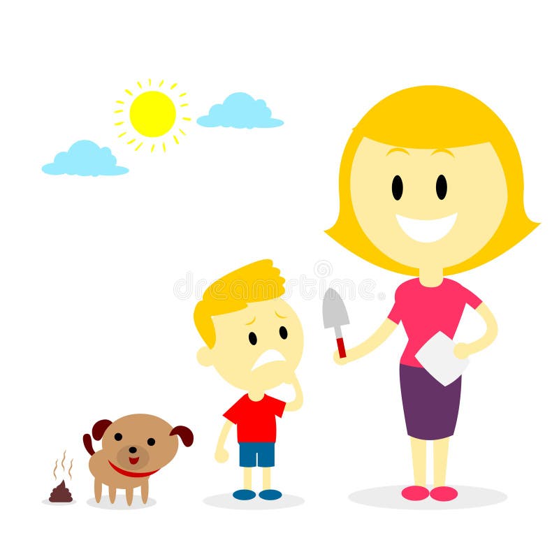 Mom teach her son to pick up his doggy poop (in Flat Cartoon Style). Mom teach her son to pick up his doggy poop (in Flat Cartoon Style)