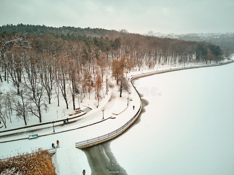 Valea Morilor park covered in snow. Aerial shot. Chisinau, Moldova