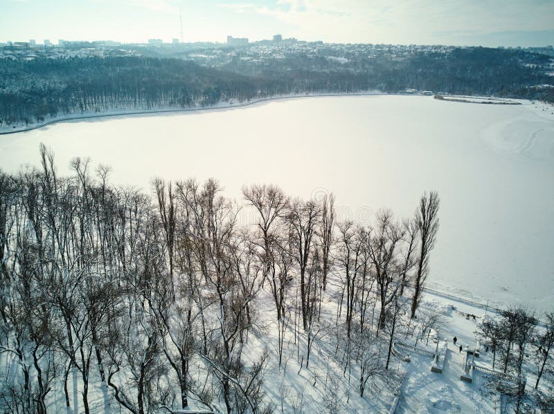 Valea Morilor park covered in snow. Aerial shot. Chisinau, Moldova