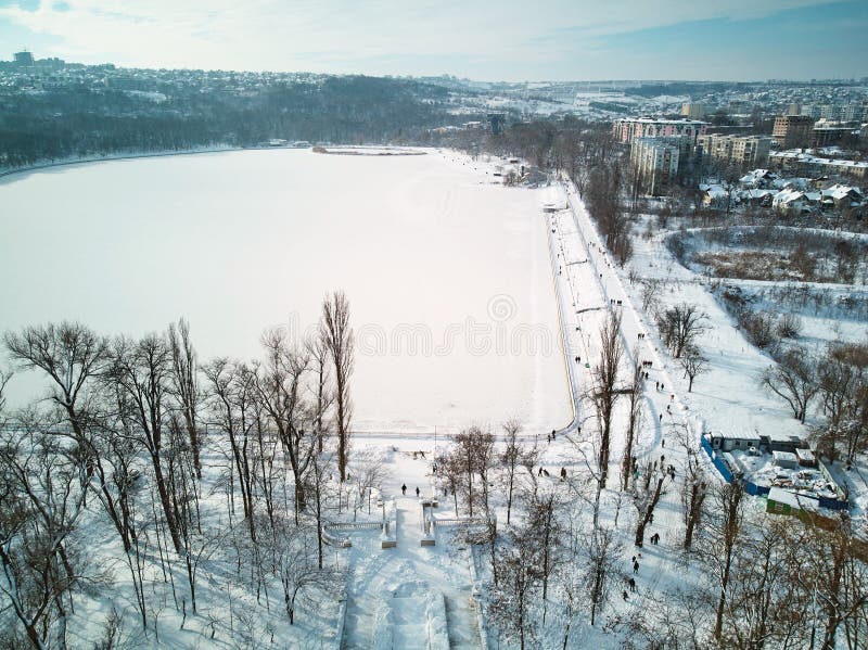 Valea Morilor park covered in snow. Aerial shot. Chisinau, Moldova