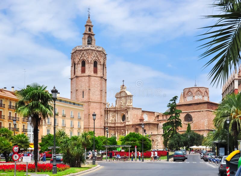 Cattedrale di Valencia e la torre del Miguelete, Spagna fotografia stock