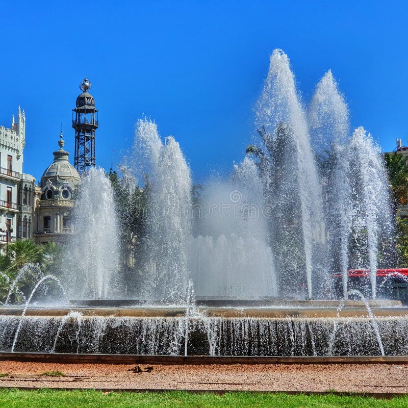 Valencia Espania Spain Fountain Water Blue Sky Stock Photo Image of