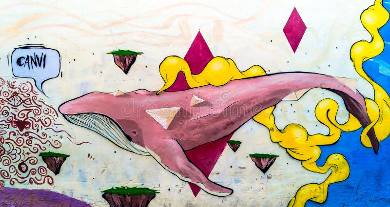 Valencia, Spain - January 2019: Colorful original graffiti on the wall of a building, street drawing, great background in a public. Place. Author unknown stock photography Valencia, Spain - January 2019: Colorful original graffiti on the wall of a building, street drawing, great background in a public. Place. Author unknown stock photography