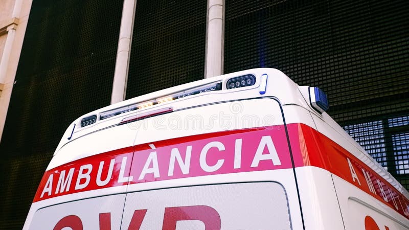 Valencia, Spain- July 22, 2019 Emergency lights on an ambulance.