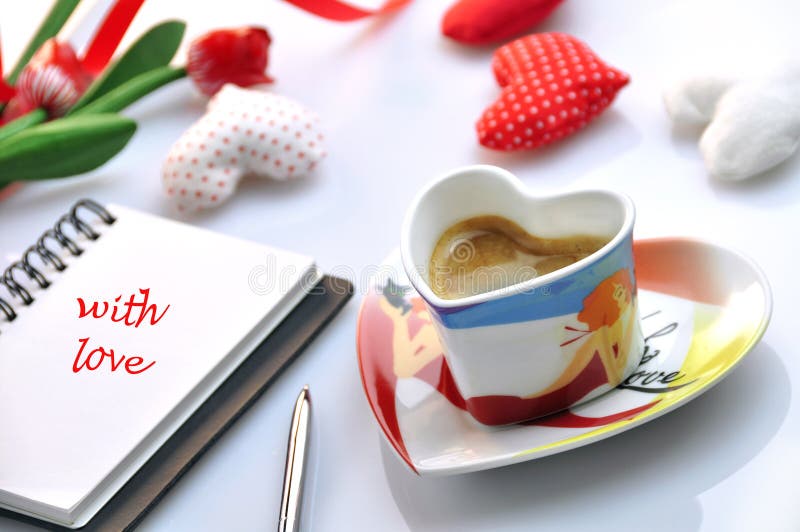 Valentine - cup of coffee with diary, flowers and cotlh hearts. Valentine - cup of coffee with diary, flowers and cotlh hearts