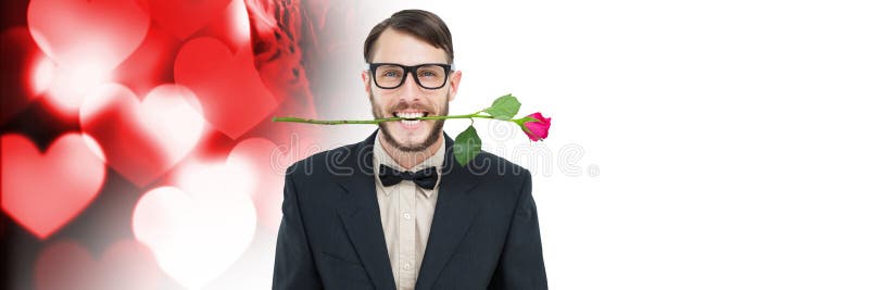 Digital composite of Valentines man biting rose with love hearts background. Digital composite of Valentines man biting rose with love hearts background