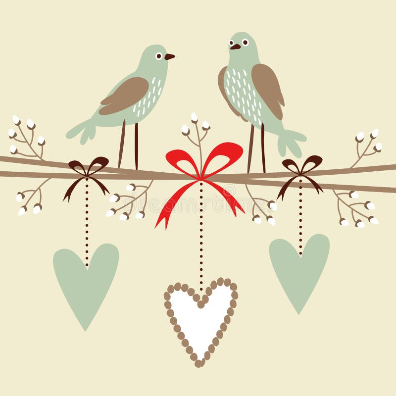 Romantic valentine, wedding, birthday card or invitation with birds, hearts, and blossom twigs, decorative illustrated background. Romantic valentine, wedding, birthday card or invitation with birds, hearts, and blossom twigs, decorative illustrated background