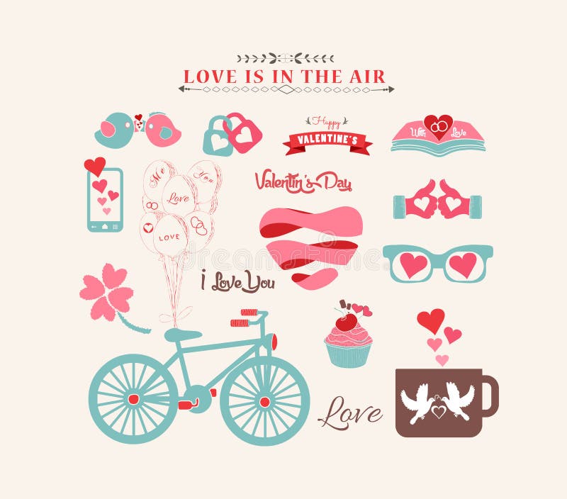 Valentin dagdesign, etiketter, symbolsbeståndsdelsamling stock illustrationer Valentin dagdesign, etiketter, symbolsbeståndsdelsamling stock illustrationer