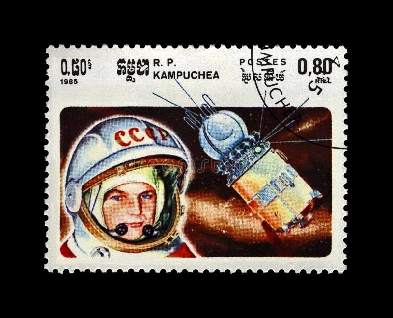 Valentina Tereshkova, soviet astronaut, 1st woman in the space, rocket shuttle, Cambodia (Republic of Kampuchea), circa