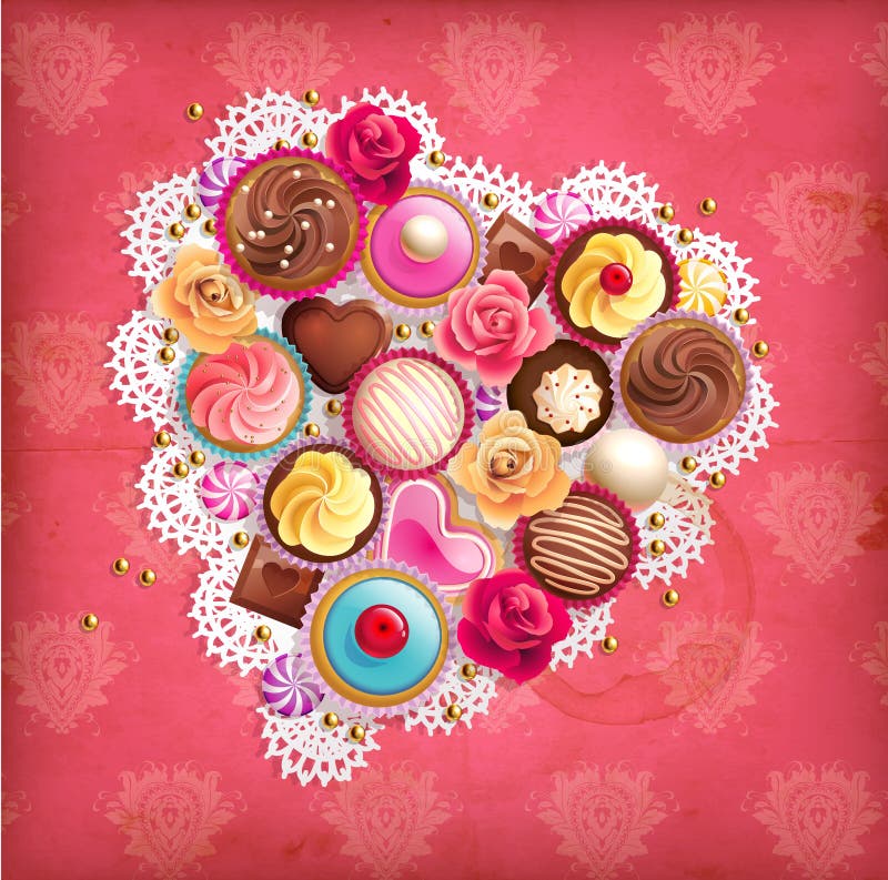 Grunge Valentines background with heart-shaped napkin, sweets, cupcakes, cookies, chocolate, roses. Grunge Valentines background with heart-shaped napkin, sweets, cupcakes, cookies, chocolate, roses.