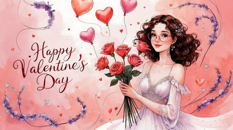 Valentindag med kvinnor som håller rosor och hjärtballongvalentindag illustration av en kvinna med rosor stock illustrationer