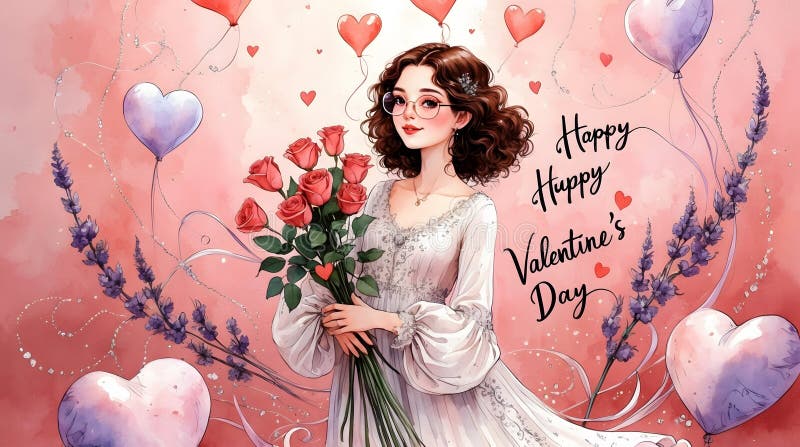 Valentindag med kvinnor som håller rosor och hjärtballongvalentindag illustration av en kvinna med rosor royaltyfri illustrationer