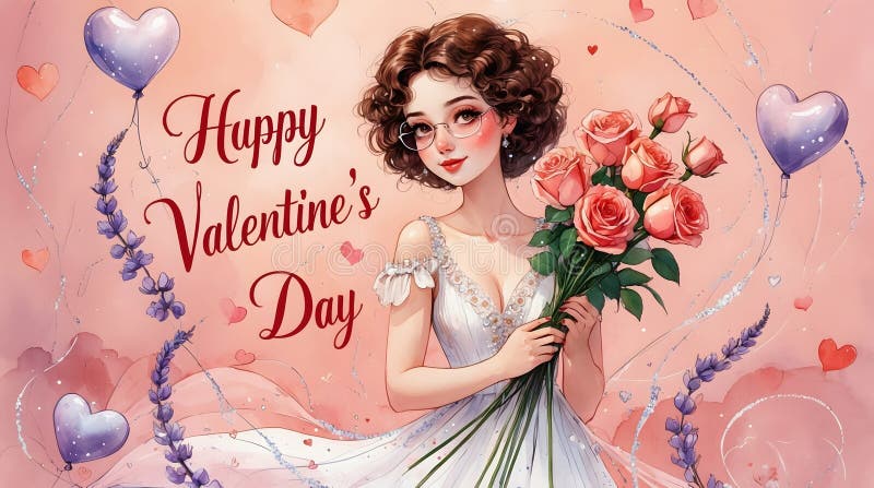 Valentindag med kvinnor som håller rosor och hjärtballongvalentindag illustration av en kvinna med rosor vektor illustrationer