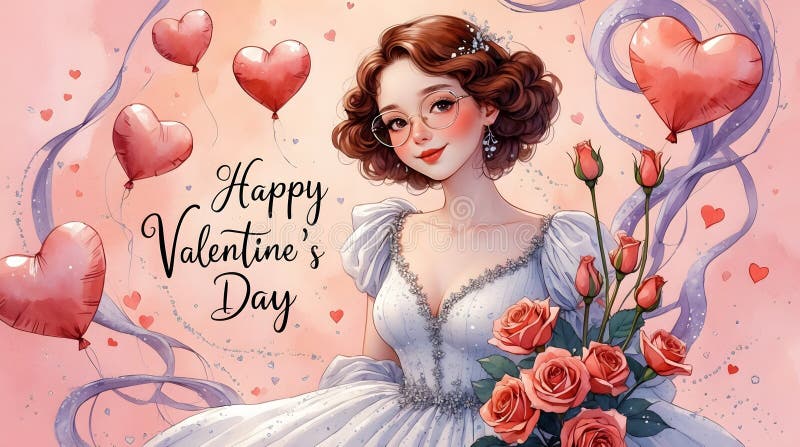 Valentindag med kvinnor som håller rosor och hjärtballongvalentindag illustration av en kvinna med rosor vektor illustrationer