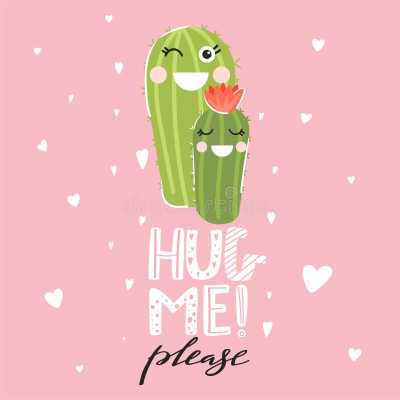 Valentindagshälsningskort. Söt tecknad ett par kaktus med roligt ansikte. stock illustrationer