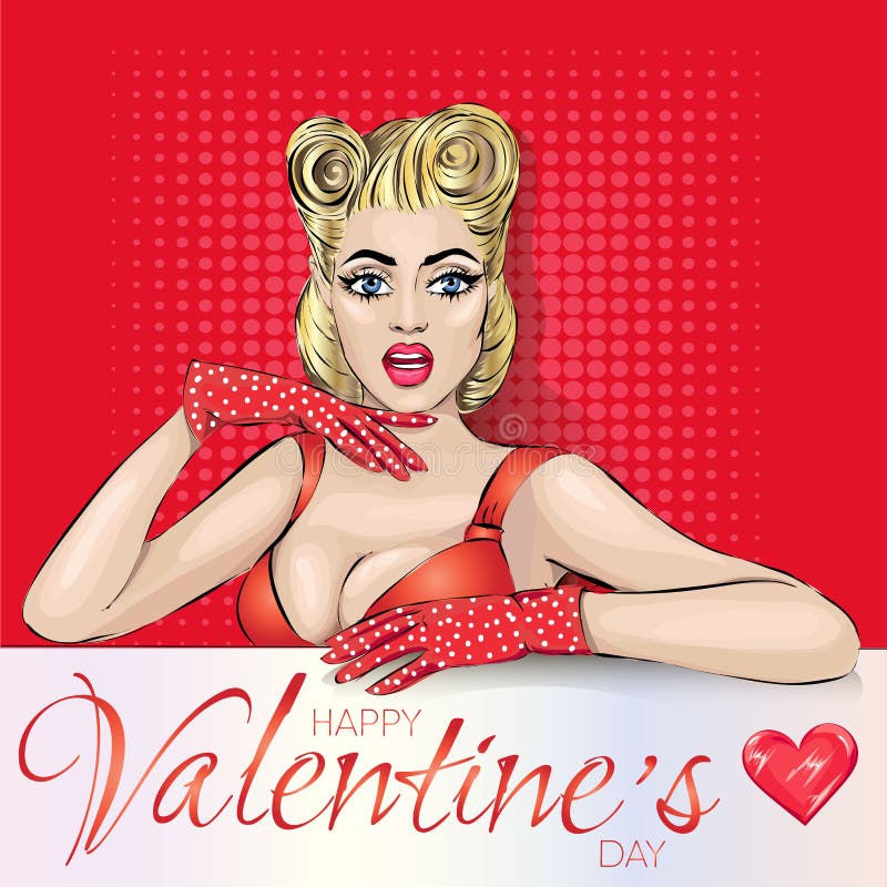 Valentindagstift upp sexig kvinna med hjärta på röd bakgrund Illustration för kort för ferie för popkonst royaltyfri illustrationer Valentindagstift upp sexig kvinna med hjärta på röd bakgrund Illustration för kort för ferie för popkonst royaltyfri illustrationer