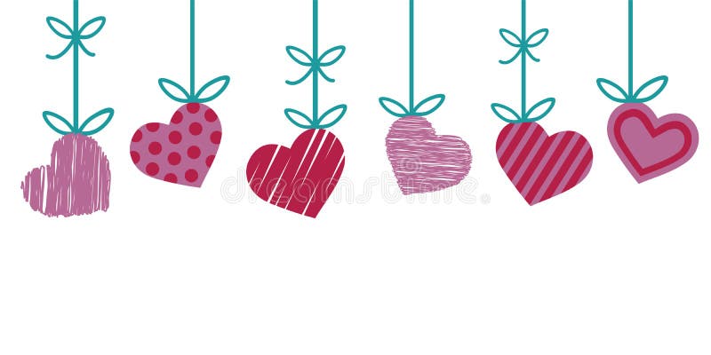 Valentine border for greeting card with red and pink heart with stripes and dots hanging from green ribbon isolated on