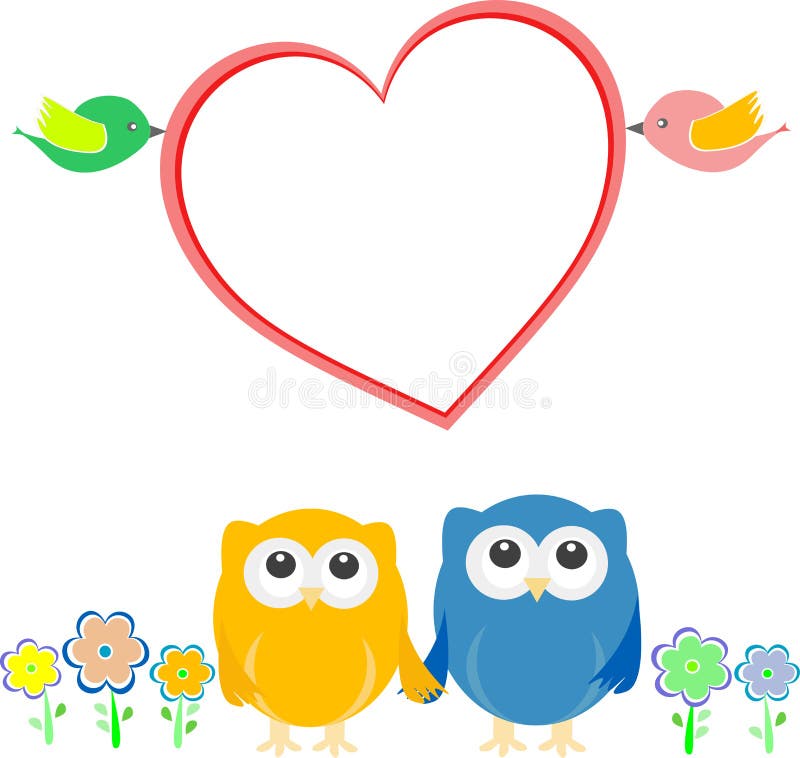 Valentine card with bird couple, owls and heart