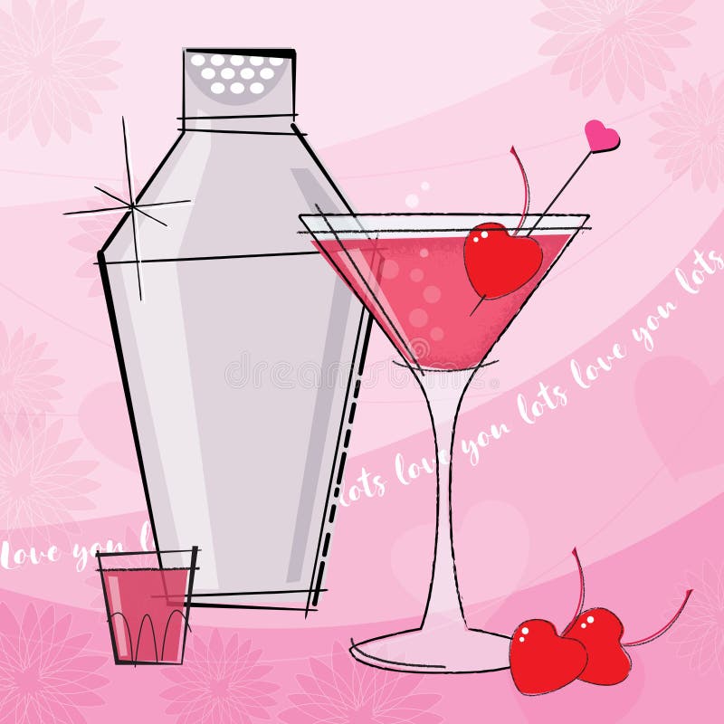 Valentine Cocktail retro con la coctelera, los tiros y las letras ilustración del vector Valentine Cocktail retro con la coctelera, los tiros y las letras ilustración del vector