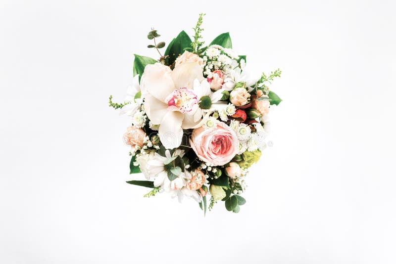 Valentine Day or Mother Day concept. Flower bouquet on white background. Flat lay, top view floral royalty free stock images Valentine Day or Mother Day concept. Flower bouquet on white background. Flat lay, top view floral royalty free stock images