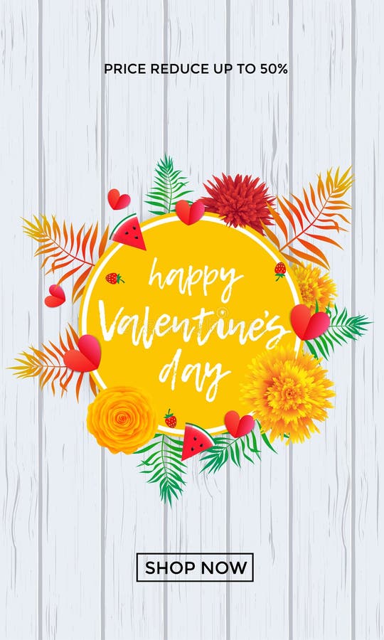 Valentine Day sale banner design template. Vector hearts, yellow flowers and palm leaf or berry pattern on white wooden background