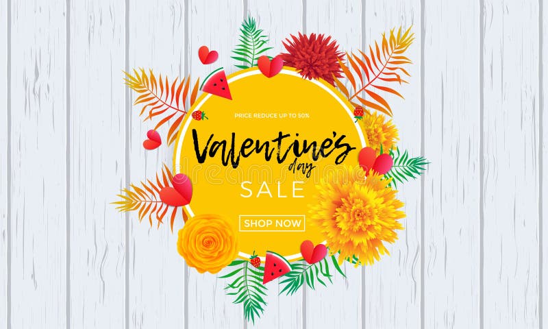 Valentine Day sale poster design template. Vector hearts, yellow flowers and palm leaf or berry pattern on pink background for Val