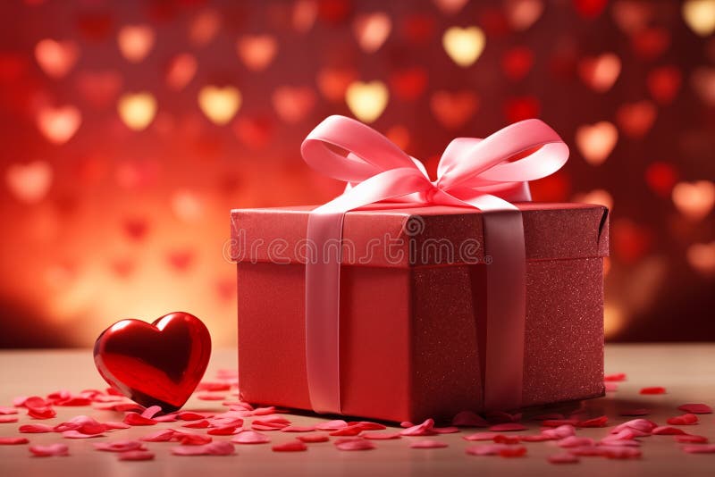 Valentín darčeková krabička mäkký ružový stuha, obklopený podľa konfety.