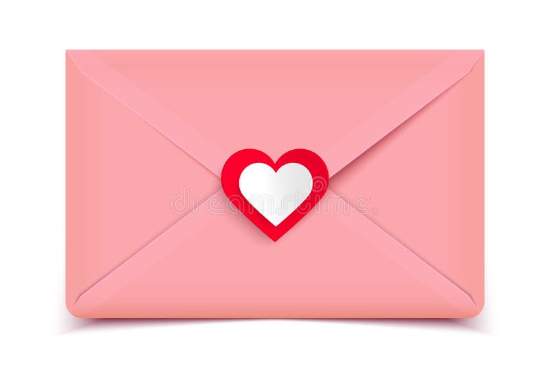 Valentine illustration, pink envelope isolated on white background, greeting card