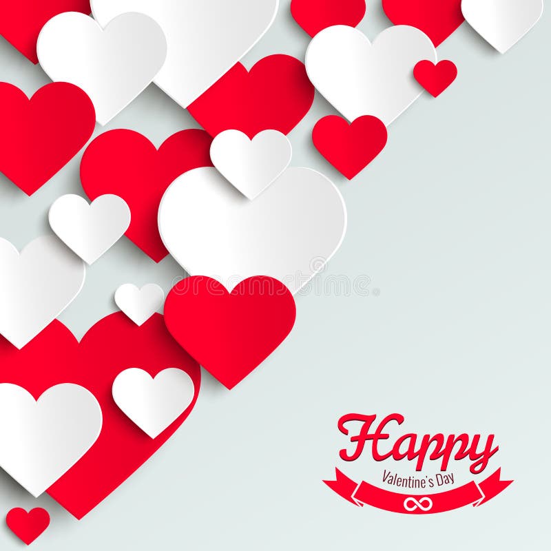 Valentine illustration, red and white paper hearts on white background, greeting card