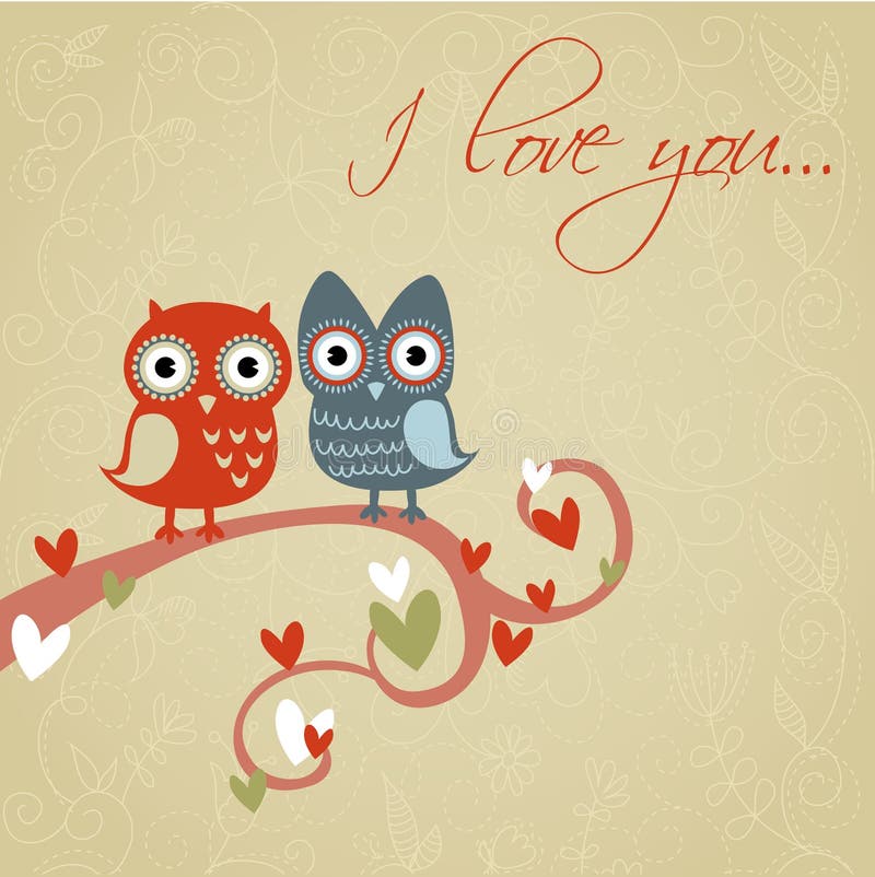 Valentine love card with owls and hearts