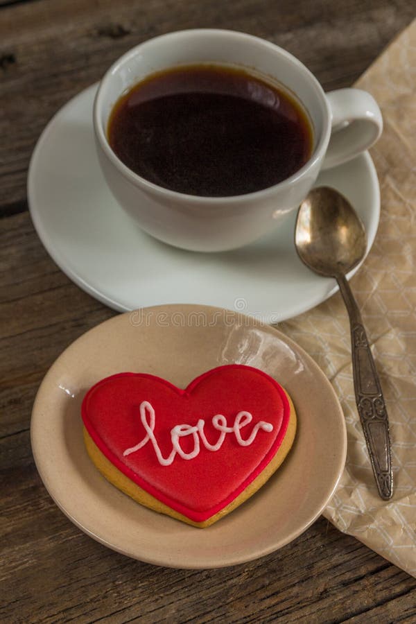 Valentine Red Cookie with Heart Shape and Cup of Coffee Stock Photo ...