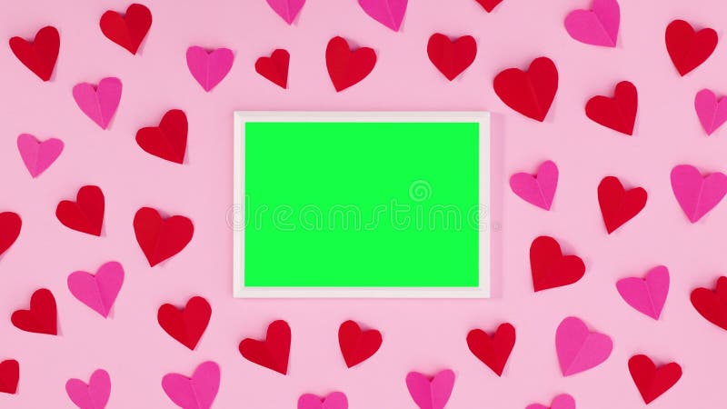 Valentine red hearts and frame with green screen. Stop motion vector illustration