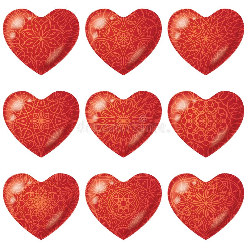 Valentine red hearts with pattern, set