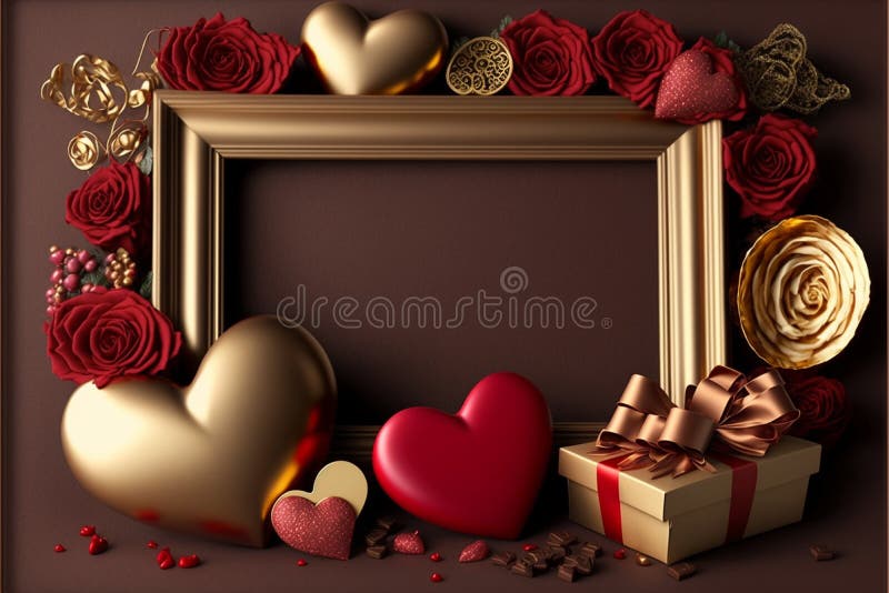 Valentine`s Day background. Frame made with rose flowers, gifts, chocolate, hearts, Valentines day greeting card concept. copy