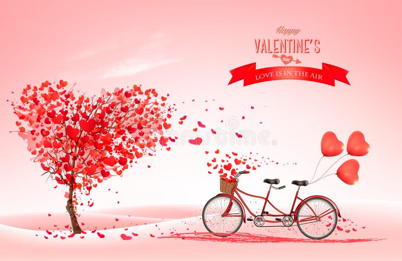 Valentine`s Day background with a heart shaped tree and a tandem bicycle. Vector. Shaped gift vectors