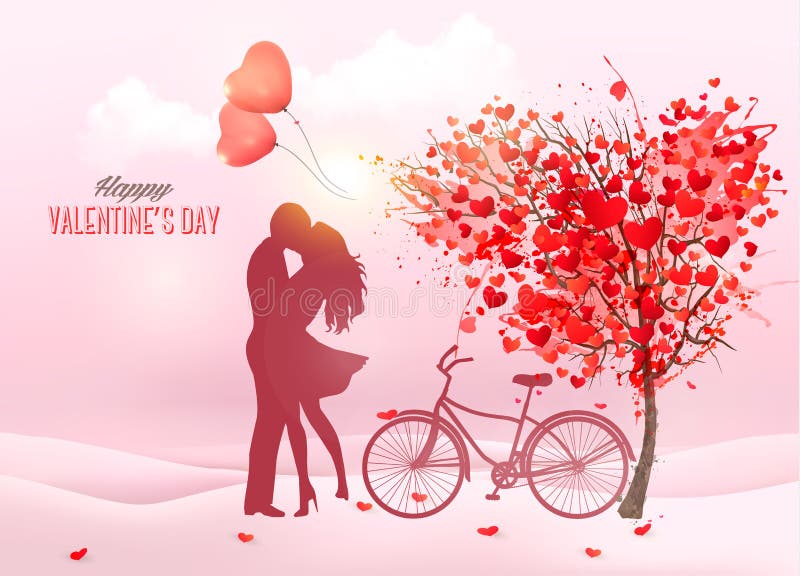 Valentine`s Day background with a kissing couple silhouette