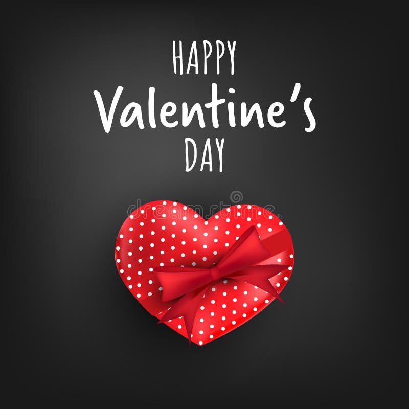 Valentine`s Day background of red heart shape gift box with red ribbon and Happy Valentine`s Day text on black background.