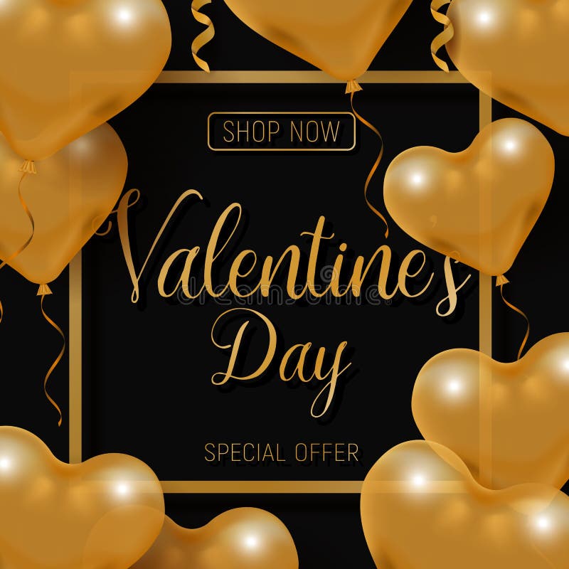 Valentine s day big sale offer, modern fashion banner template. Gold 3d glossy heart balloon with text. royalty free illustration Valentine s day big sale offer, modern fashion banner template. Gold 3d glossy heart balloon with text. royalty free illustration