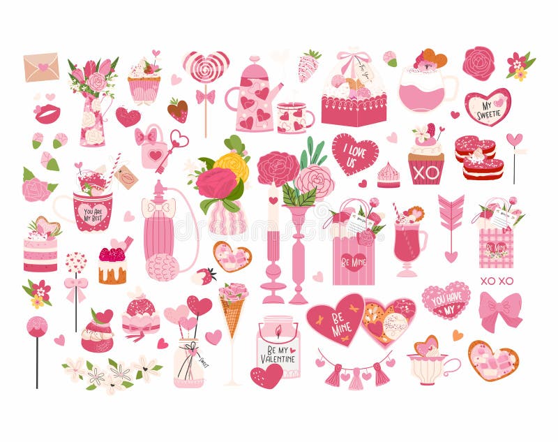 Valentine\ s day big set sticker vector illustrations. Candle, sweets, flowers, envelope, heart, jar with hearts, cake, bouquet