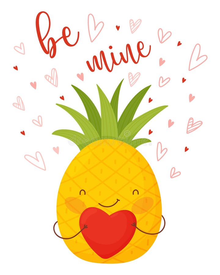 Valentine&x27;s day card. Cute cartoon pineapple with heart and lettering.