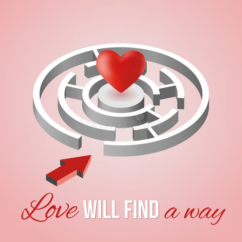 Valentine s day card on a pink background. Isometric white maze with a red heart. Vector illustration