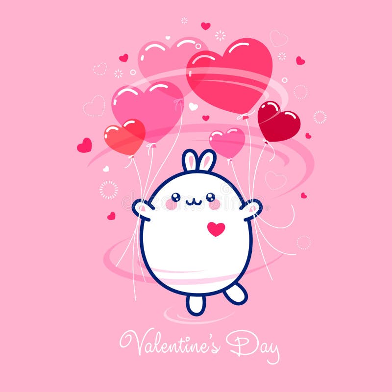 Valentine`s Day Card. Poster 14 February. Kawaii Cute Rabbit with Balloons  . Stock Vector - Illustration of symbol, beautiful: 112902181