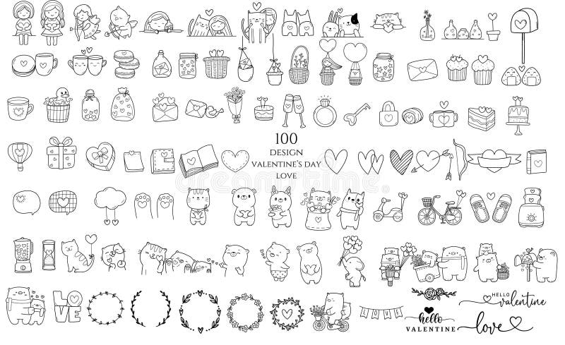 100 Valentine`s Day with cartoon,element ,icon symbol,sign for love hand drawn