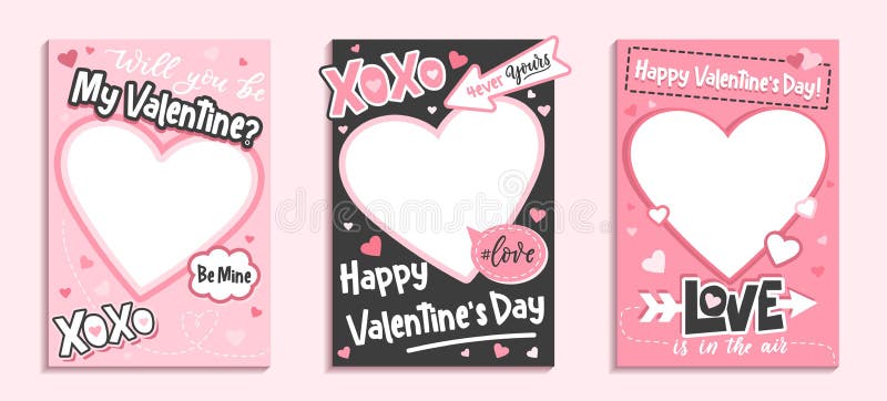 Valentine`s Day colorful photo frame and backgrounds with pink hearts and love quotes.Will you be my Valentine printable photo