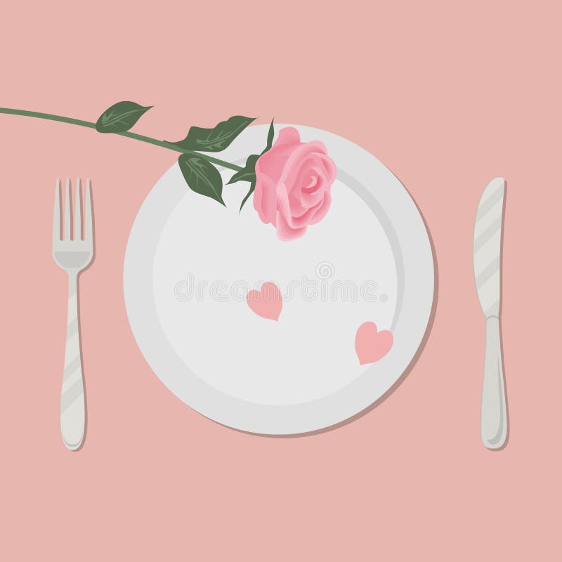 Valentine`s day concept. Romantic dinner. Rose and two hearts on a plate