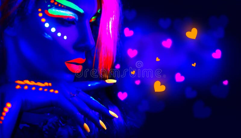 Valentine`s day disco party. Fashion model girl in neon light
