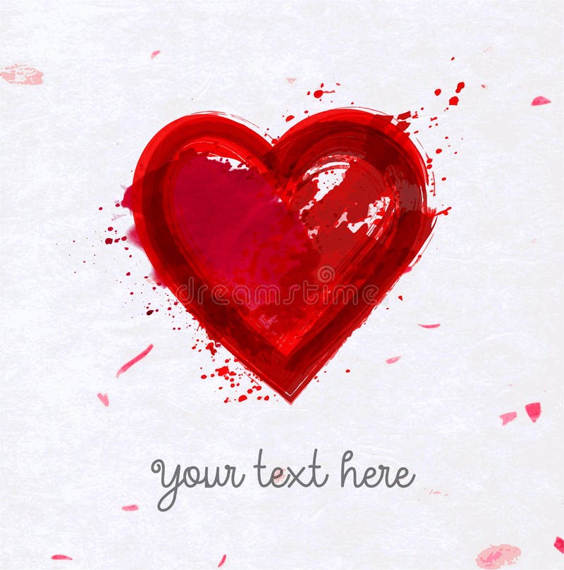 Valentine s Day greeting card with big red blood grunge heart on rice paper background with dryed pink petals. royalty free illustration Valentine s Day greeting card with big red blood grunge heart on rice paper background with dryed pink petals. royalty free illustration
