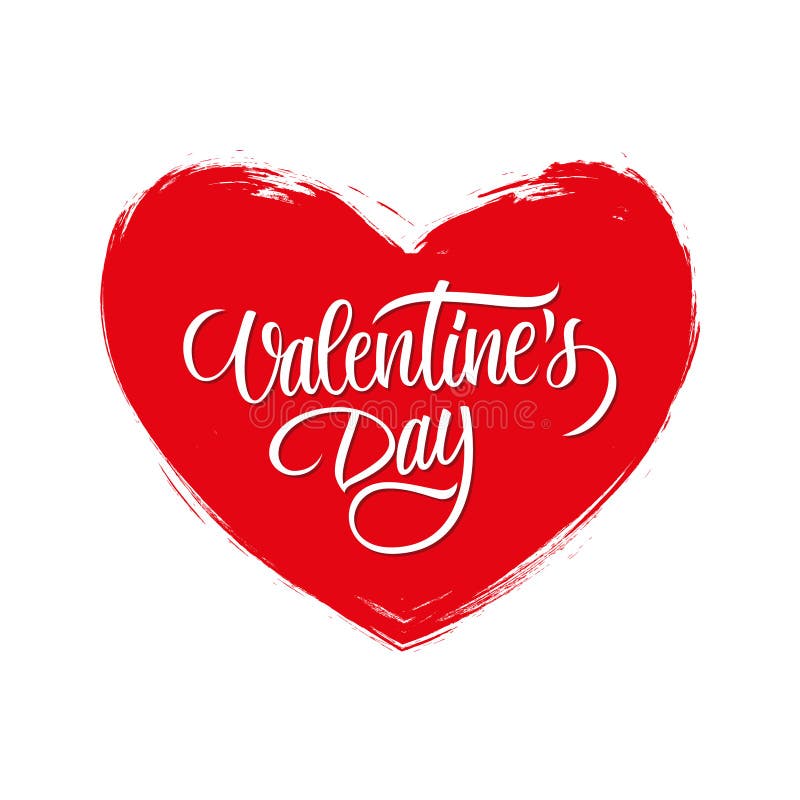 Valentine`s Day greeting card with calligraphic lettering text design and brush stroke heart shape.