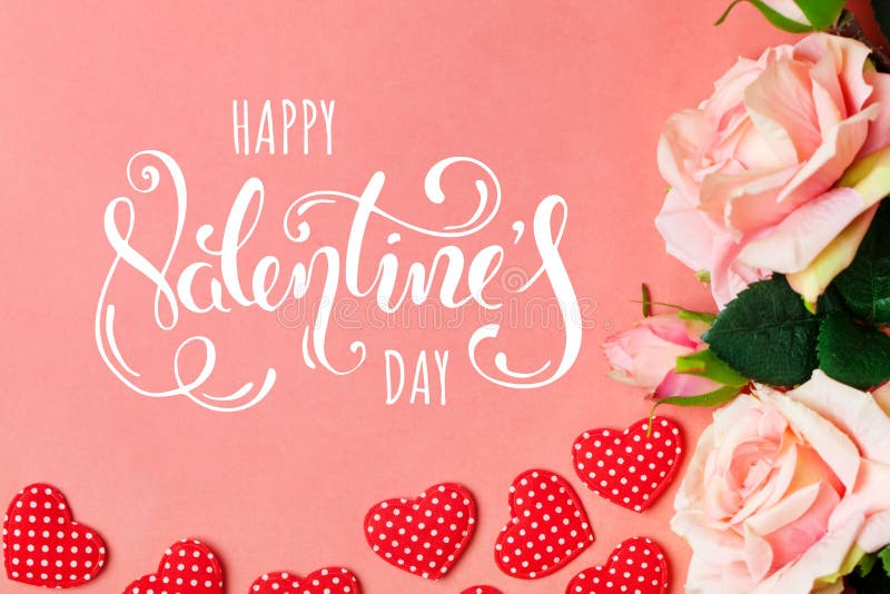 Valentine`s day. Greeting card on coral background. Selective focus. Horizontal. stock images