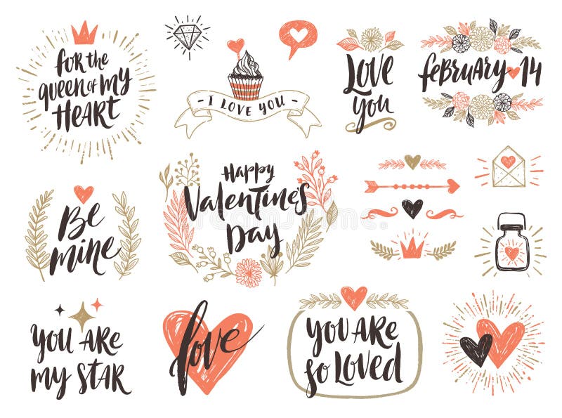 Valentine`s Day Hand Drawn Greeting Stock Vector - Illustration of ...